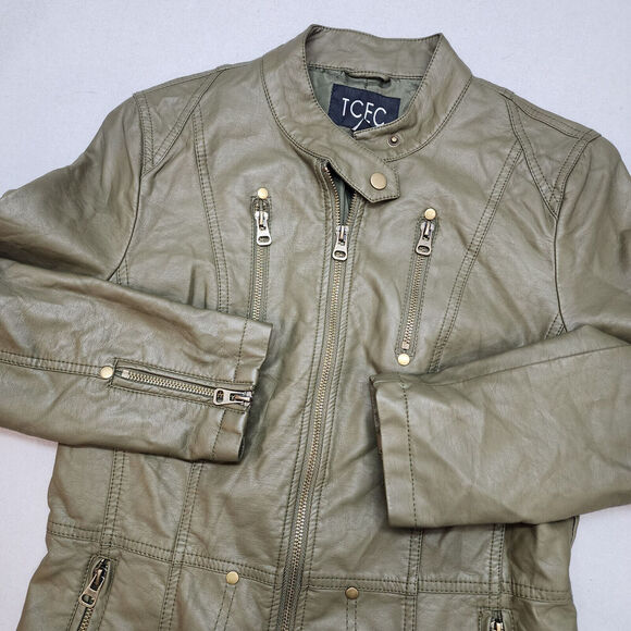 TCEC Faux Leather Women's‎ Moto Jacket Army Green Sz L - Picture 3 of 6